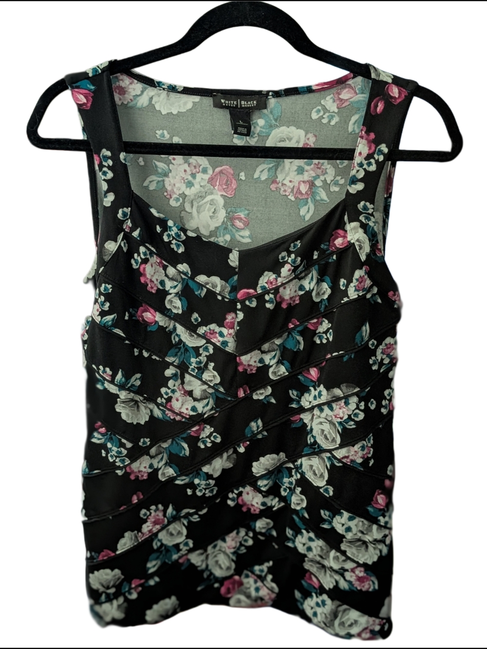 WHBM Black Feminine Floral Ruched Sleeveless Blouse White House Black Market